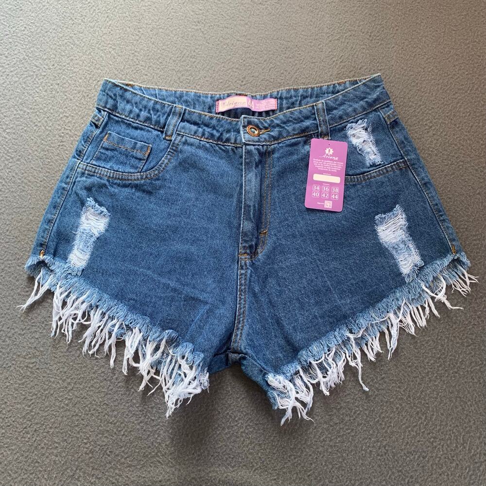 Distressed Blue Denim Shorts Frayed Raw Hem Medium Wash Festival Beach Cut Off